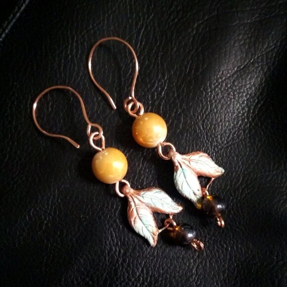 Handmade Copper Leaf Earrings ~ Patina Painted Fall Jewelry with Beaded Accents - Picture 2 of 10
